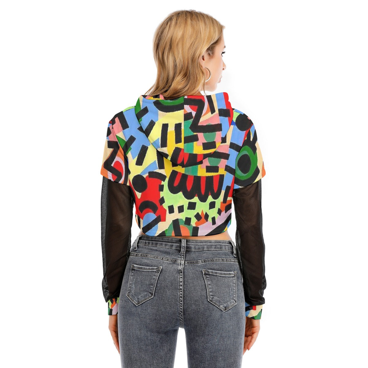 All-Over Print Women's Fake Two-piece Mesh Sleeve Cropped Hoodie