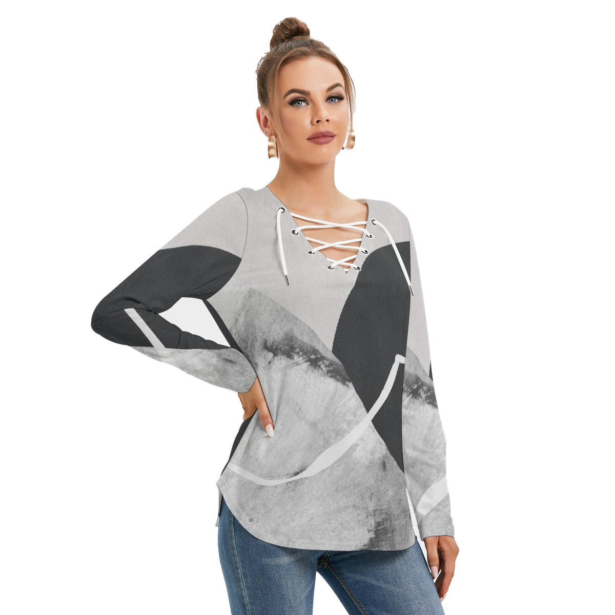 All-Over Print Women's Long Sleeve Neckline Tie Sweatshirt