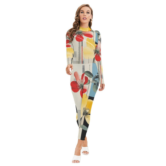 All-Over Print Women's Long-sleeved High-neck Jumpsuit With Zipper