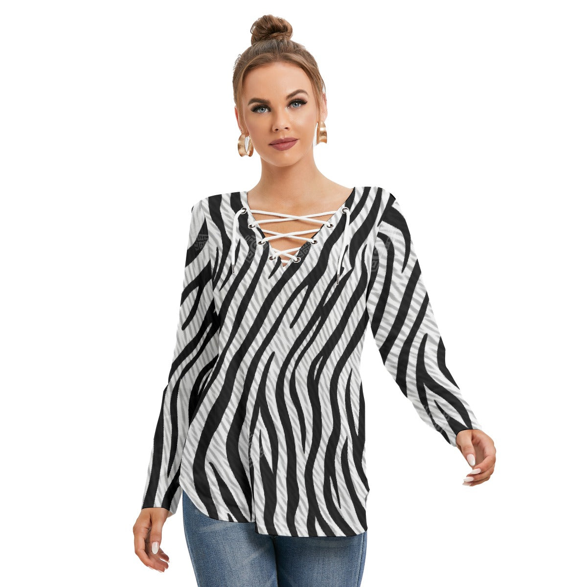 All-Over Print Women's Long Sleeve Neckline Tie Sweatshirt