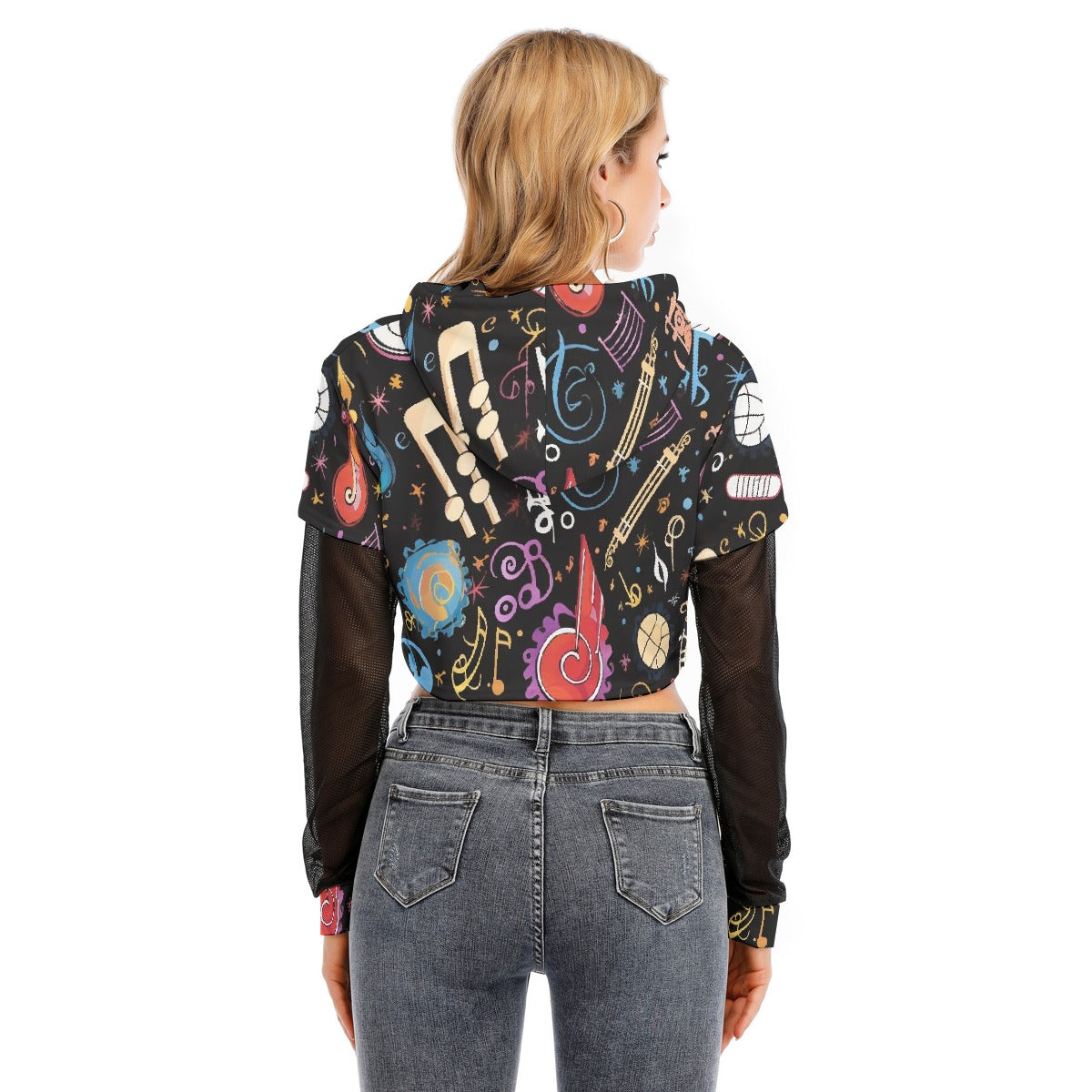 All-Over Print Women's Fake Two-piece Mesh Sleeve Cropped Hoodie