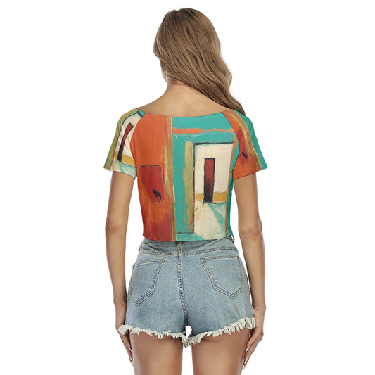 All-Over Print Women's Raglan Drawstring Front  Crop Tee