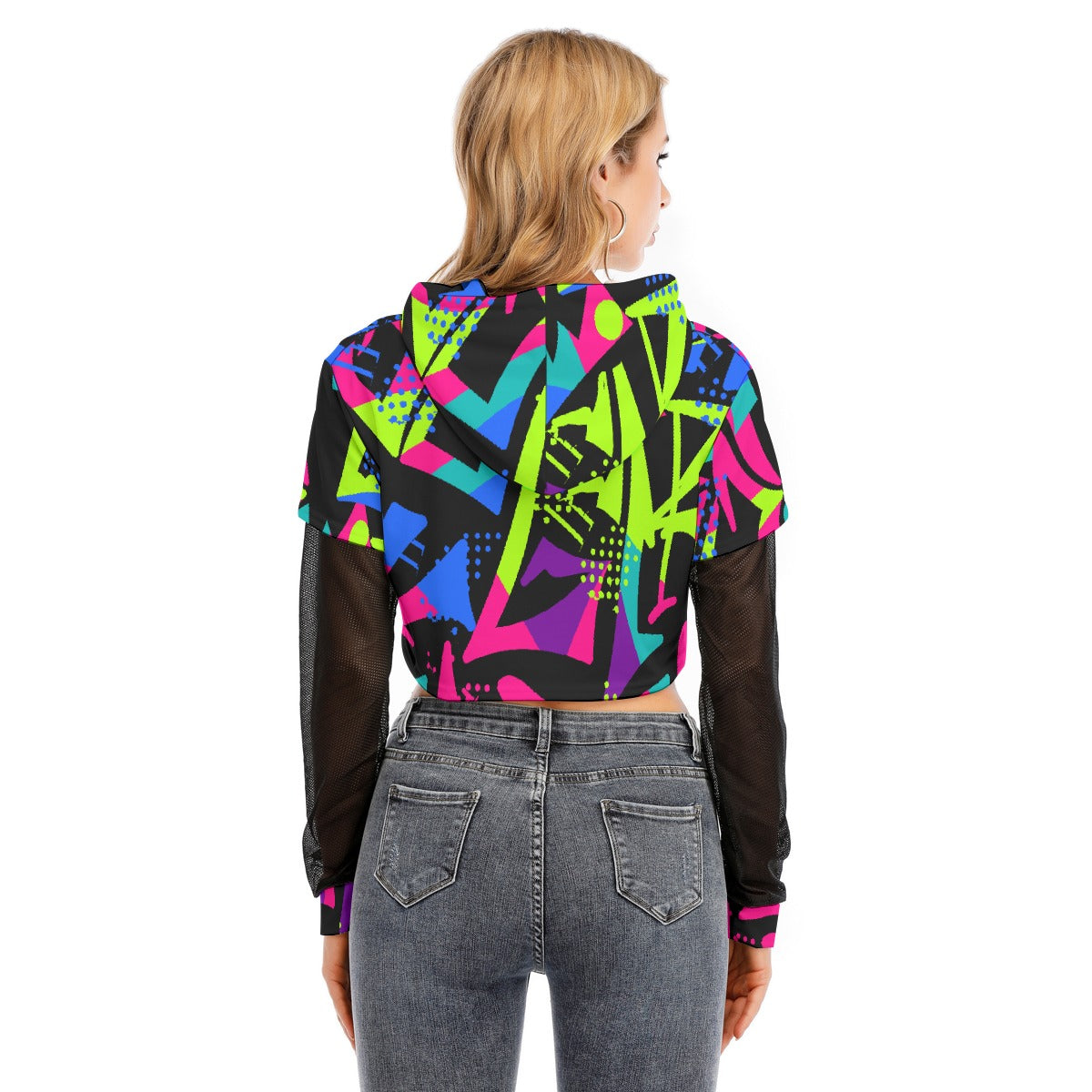 All-Over Print Women's Fake Two-piece Mesh Sleeve Cropped Hoodie