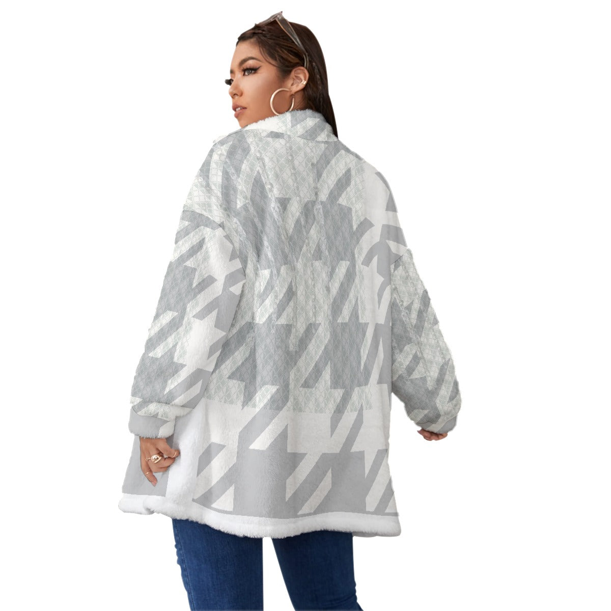 All-Over Print Unisex Borg Fleece Stand-up Collar Coat With Zipper Closure(Plus Size)