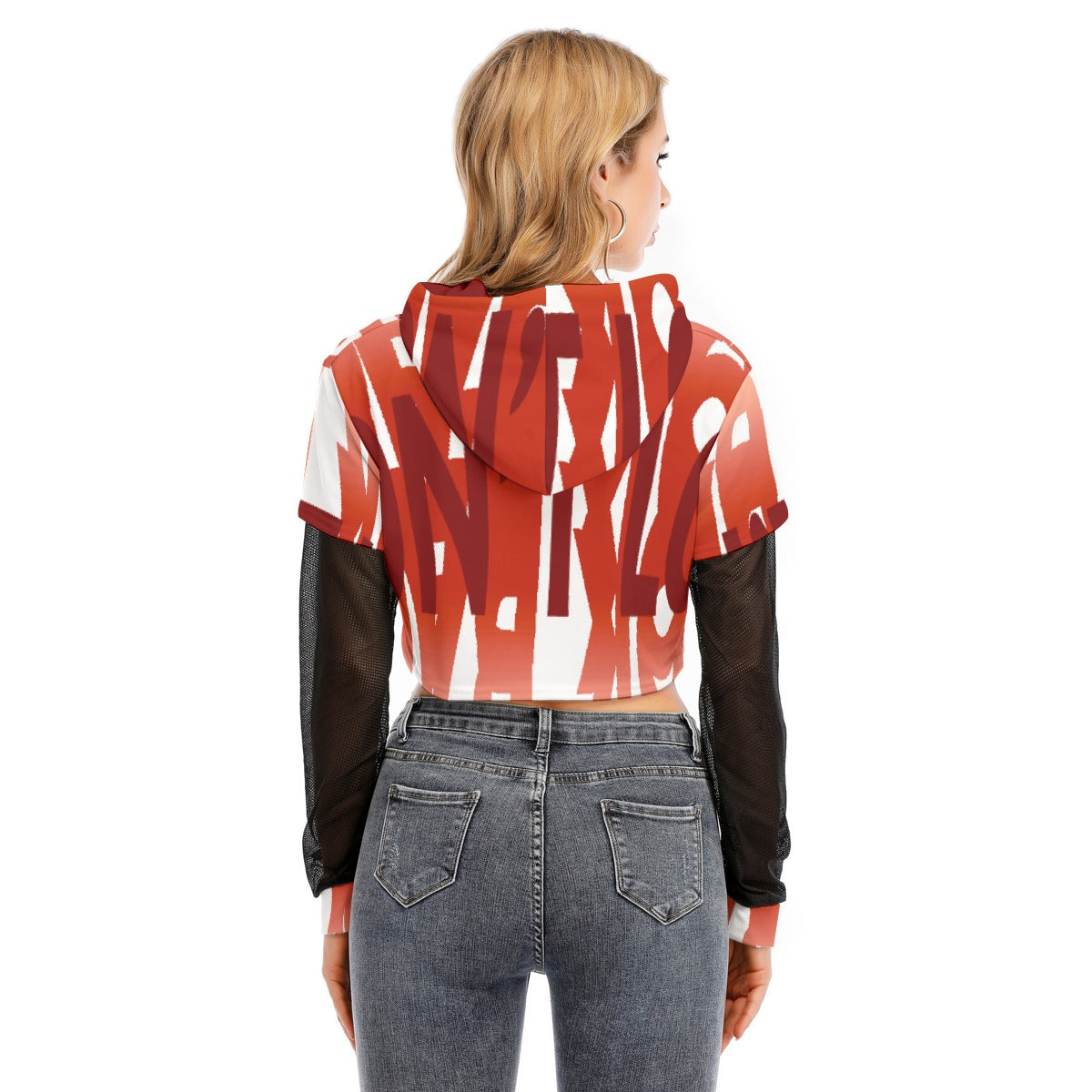 All-Over Print Women's Fake Two-piece Mesh Sleeve Cropped Hoodie