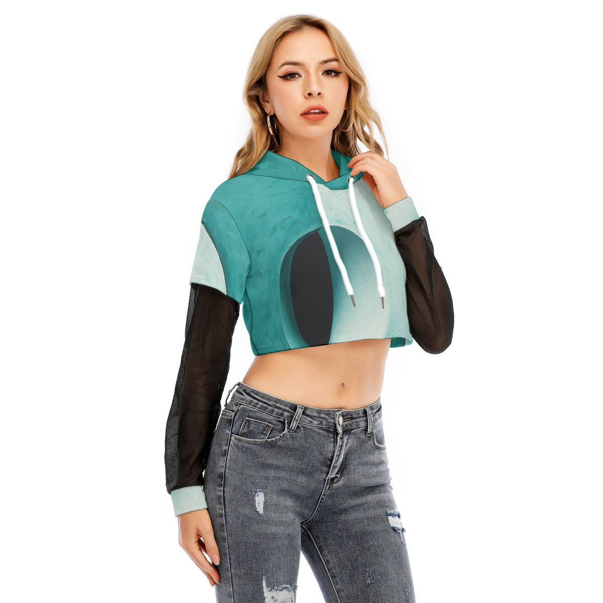 All-Over Print Women's Fake Two-piece Mesh Sleeve Cropped Hoodie
