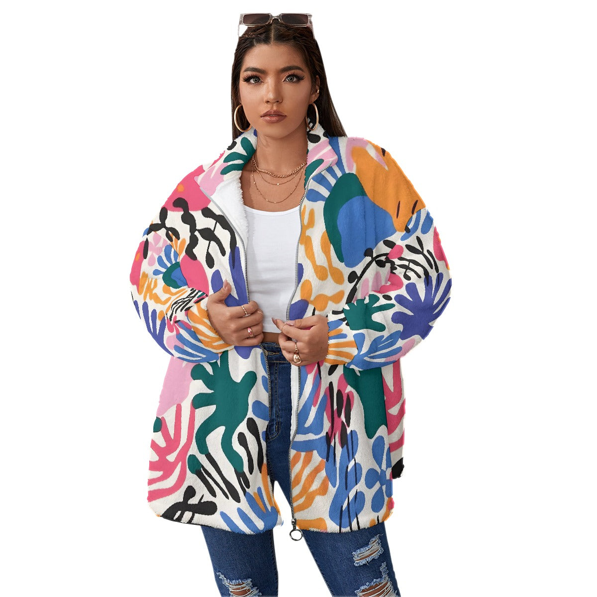 All-Over Print Unisex Borg Fleece Stand-up Collar Coat With Zipper Closure(Plus Size)