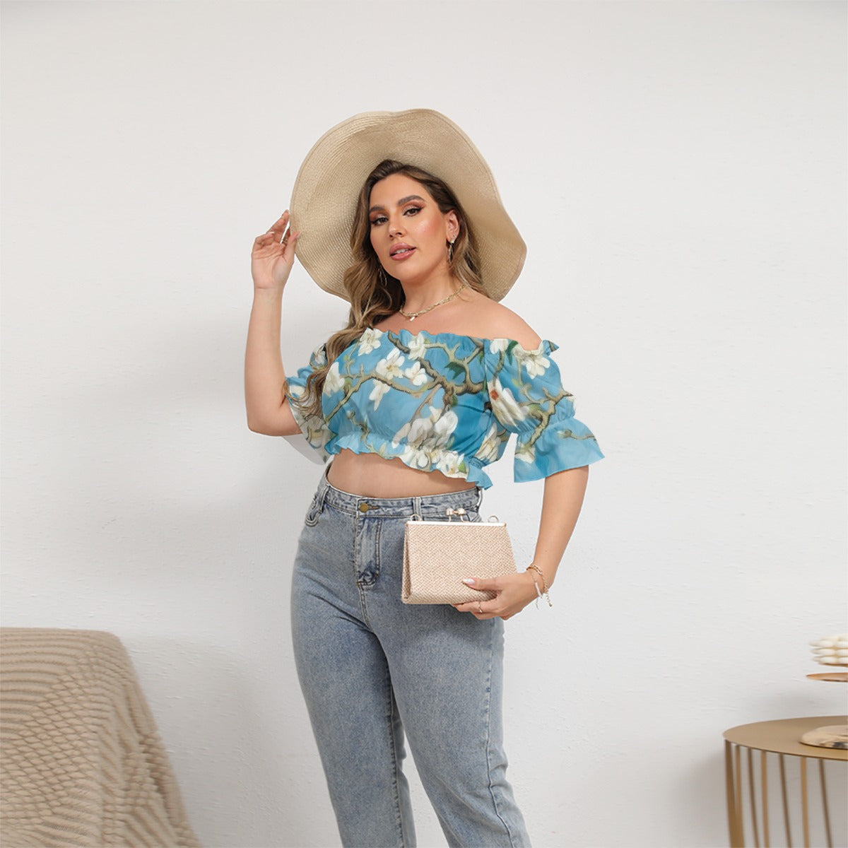 All-Over Print Women's Off-shoulder Cropped Top With Short Puff Sleeve
