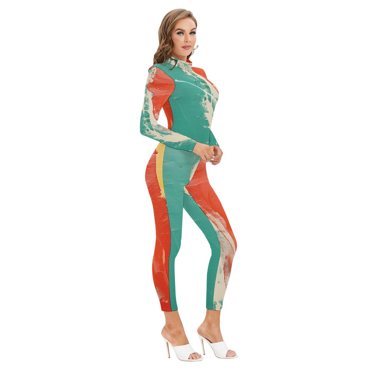 All-Over Print Women's Long-sleeved High-neck Jumpsuit With Zipper