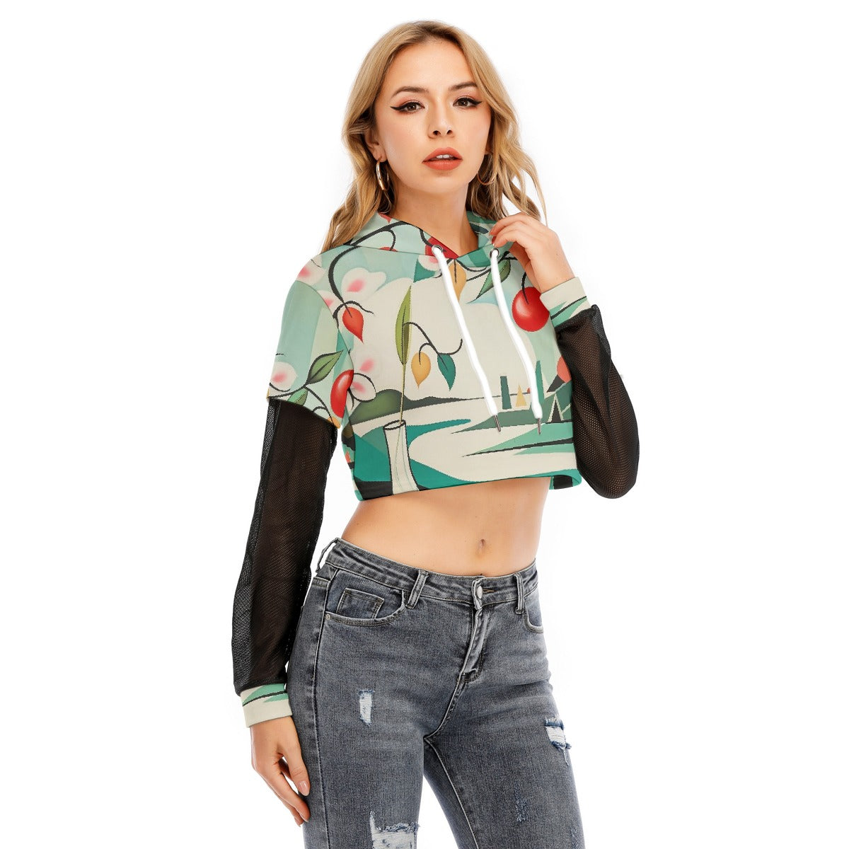 All-Over Print Women's Fake Two-piece Mesh Sleeve Cropped Hoodie