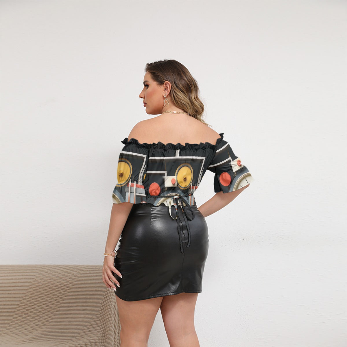 All-Over Print Women's Off-shoulder Cropped Top With Short Puff Sleeve