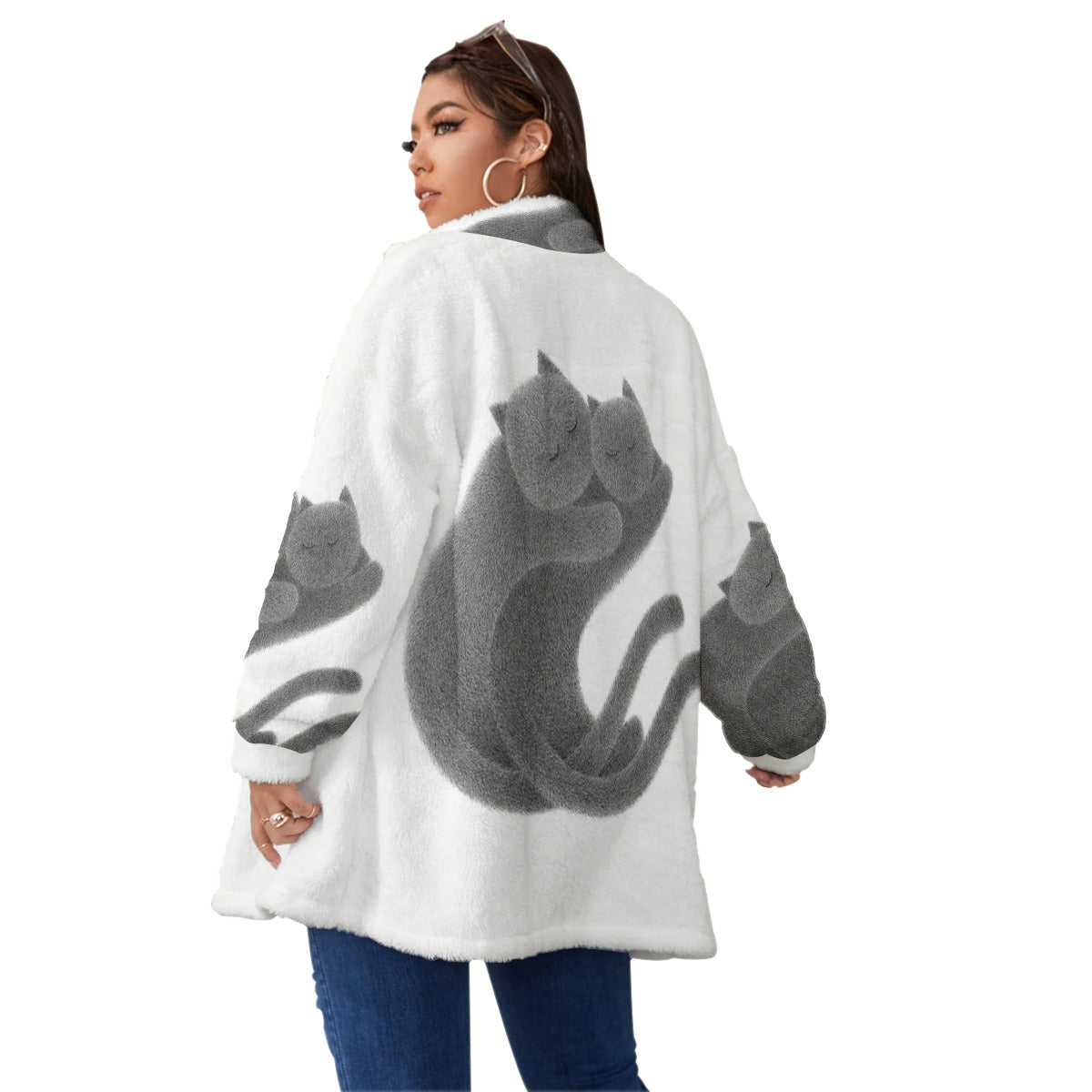 All-Over Print Unisex Borg Fleece Stand-up Collar Coat With Zipper Closure(Plus Size)