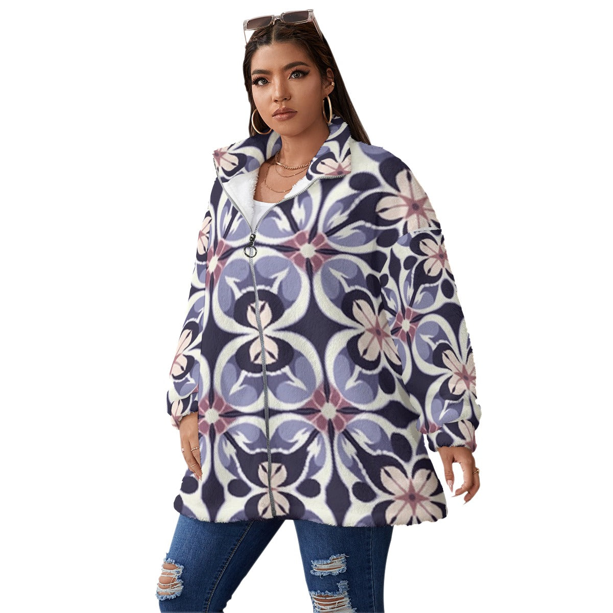 All-Over Print Unisex Borg Fleece Stand-up Collar Coat With Zipper Closure(Plus Size)