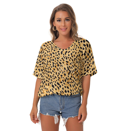 All-Over Print Women's Bat Sleeves V-Neck Blouse