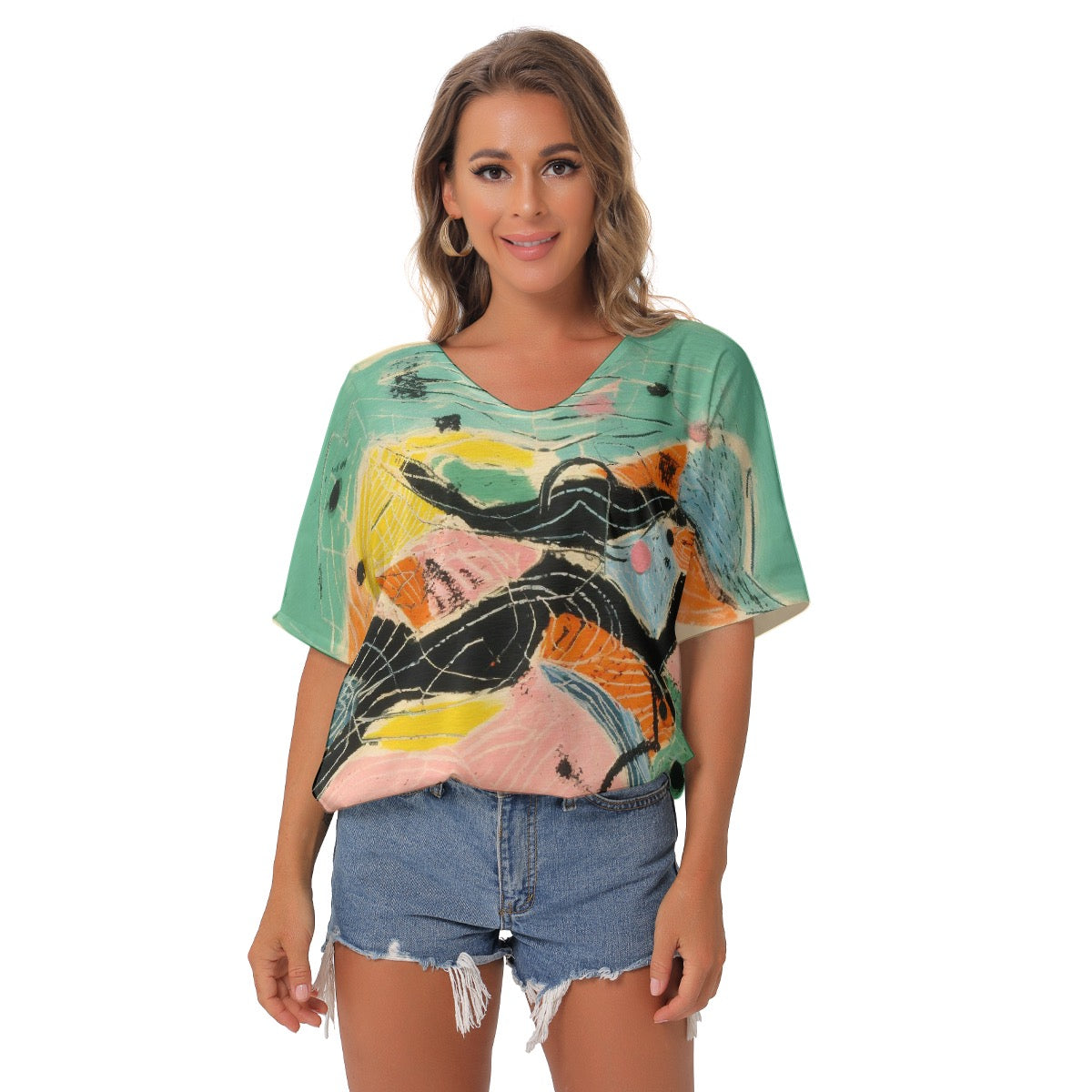 All-Over Print Women's Bat Sleeves V-Neck Blouse