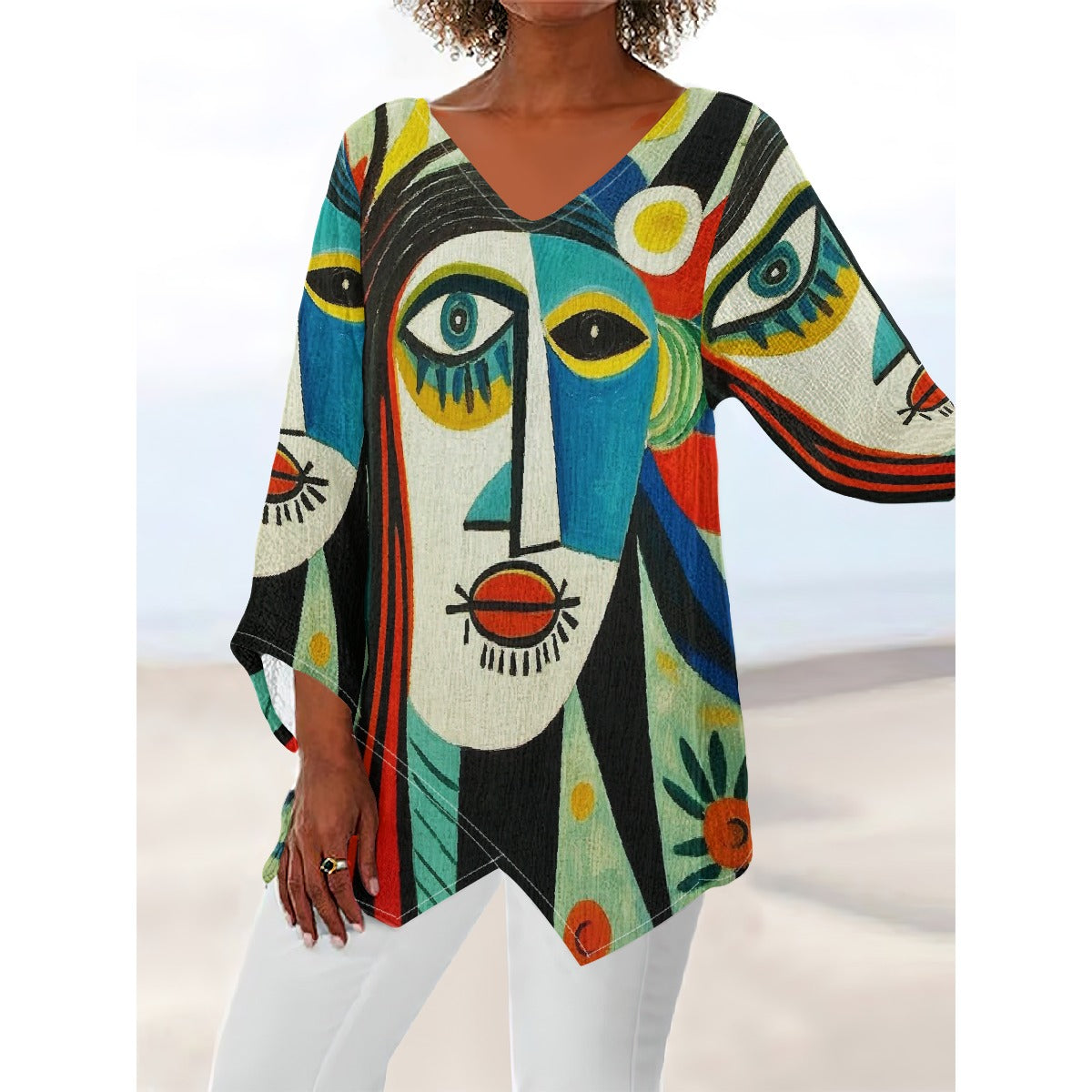 All-Over Print Women's V-neck T-shirt With Irregular Hem