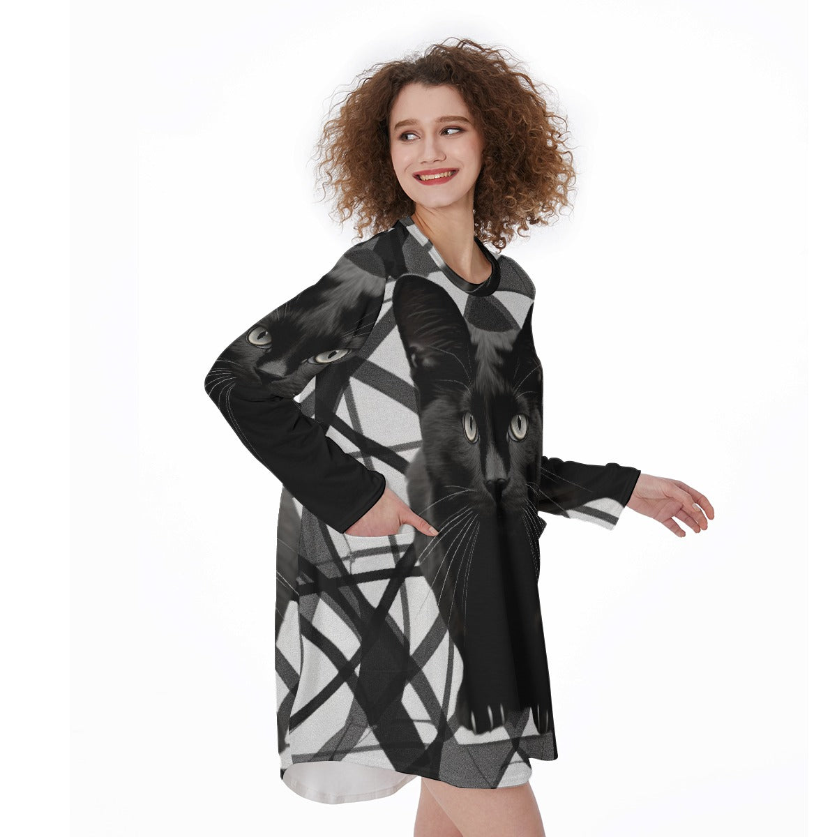 All-Over Print Women's Casual Loose Long Sleeve Dress With Pocket