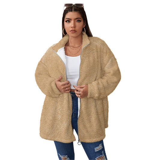 All-Over Print Unisex Borg Fleece Stand-up Collar Coat With Zipper Closure(Plus Size)