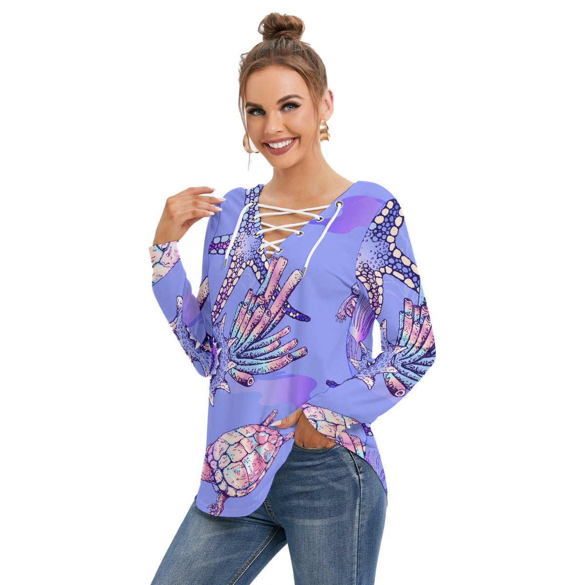 All-Over Print Women's Long Sleeve Neckline Tie Sweatshirt