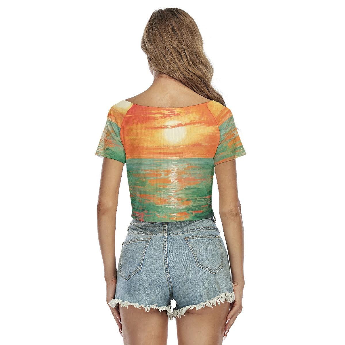 All-Over Print Women's Raglan Drawstring Front  Crop Tee