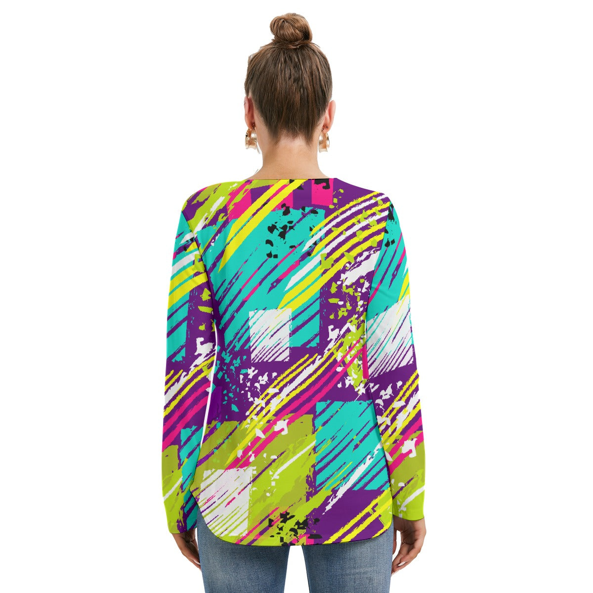 All-Over Print Women's Long Sleeve Neckline Tie Sweatshirt