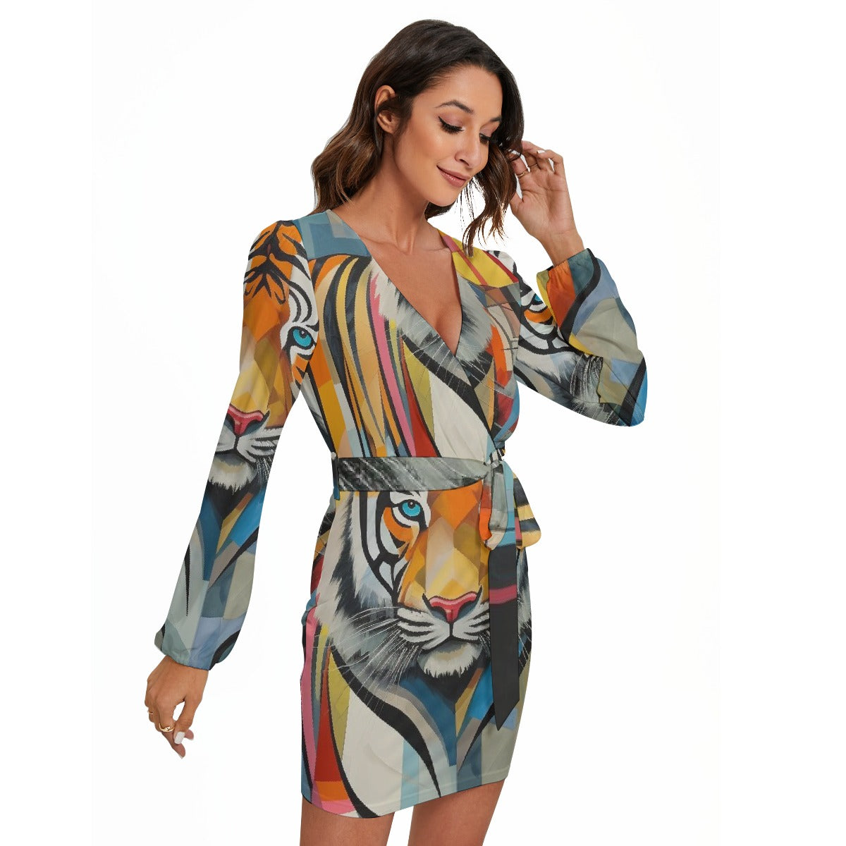 All-Over Print Women's Long Sleeve Dress With Waist Belt