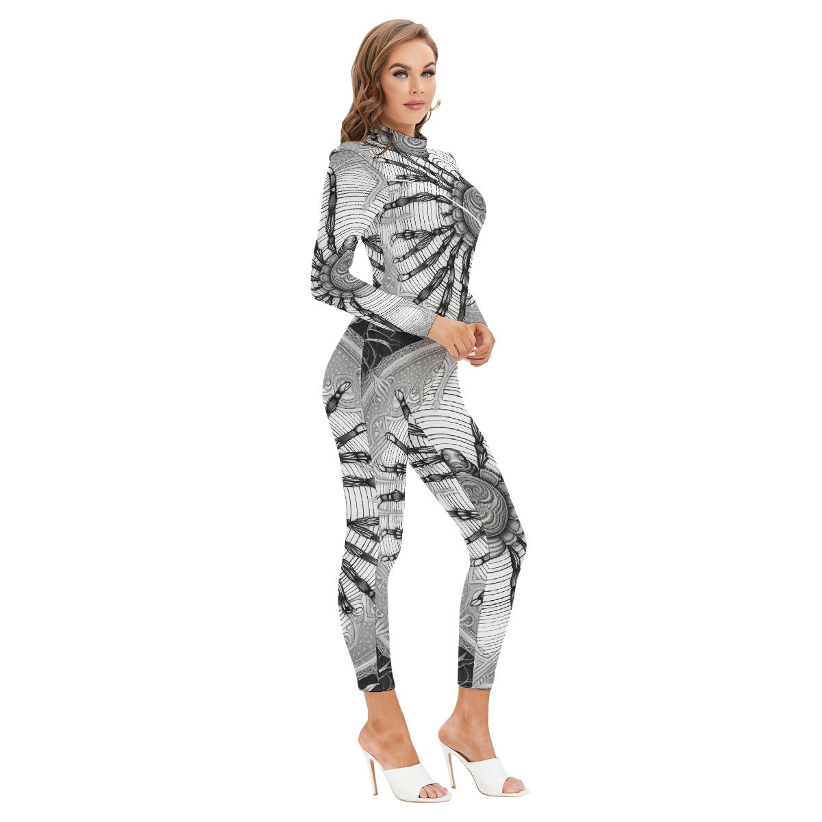 All-Over Print Women's Long-sleeved High-neck Jumpsuit With Zipper