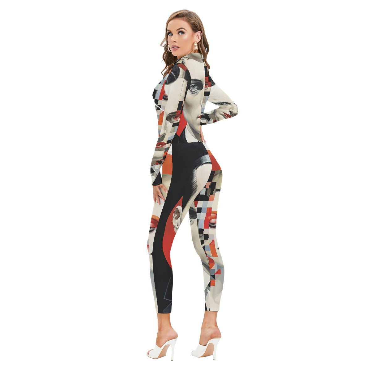 All-Over Print Women's Long-sleeved High-neck Jumpsuit With Zipper