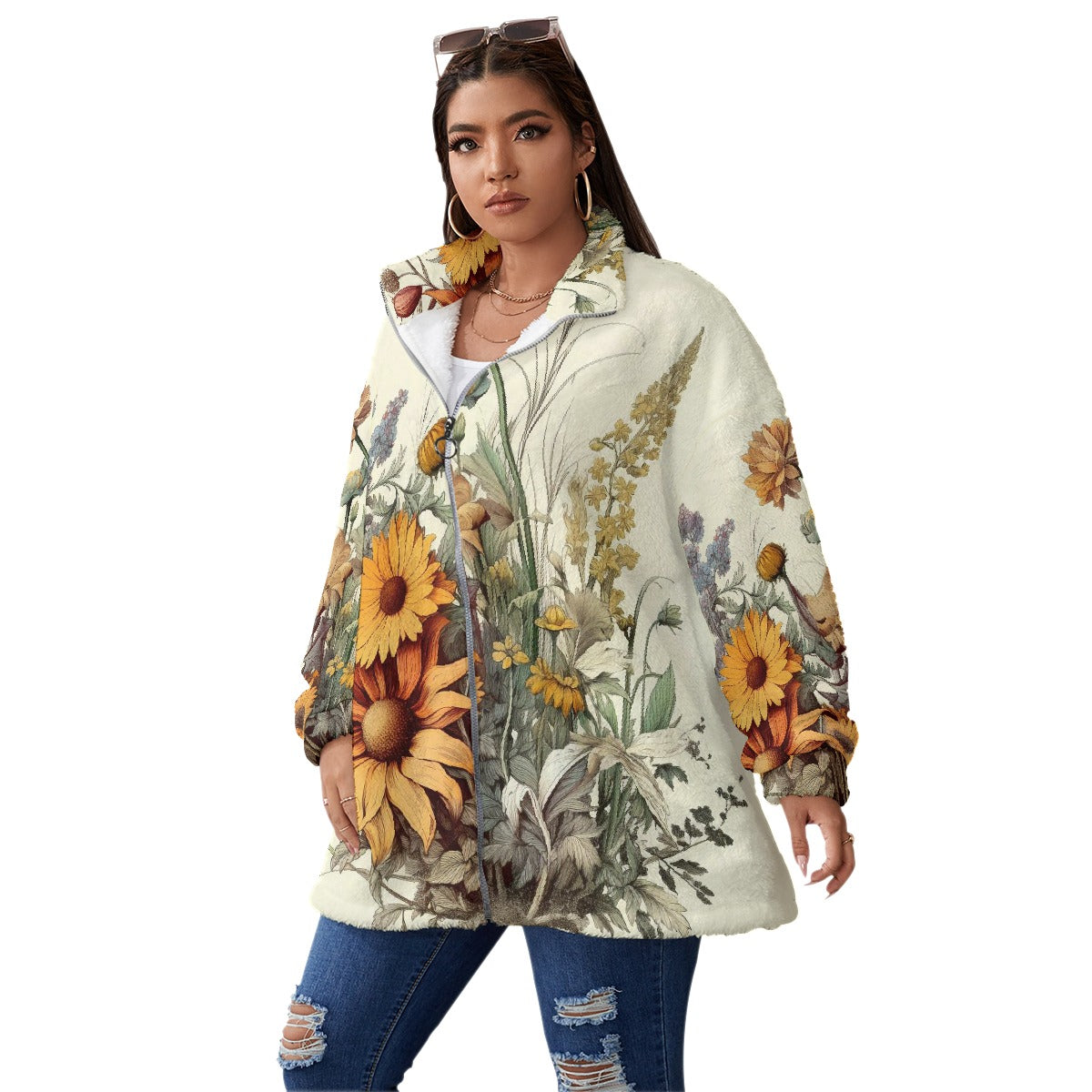 All-Over Print Unisex Borg Fleece Stand-up Collar Coat With Zipper Closure(Plus Size)