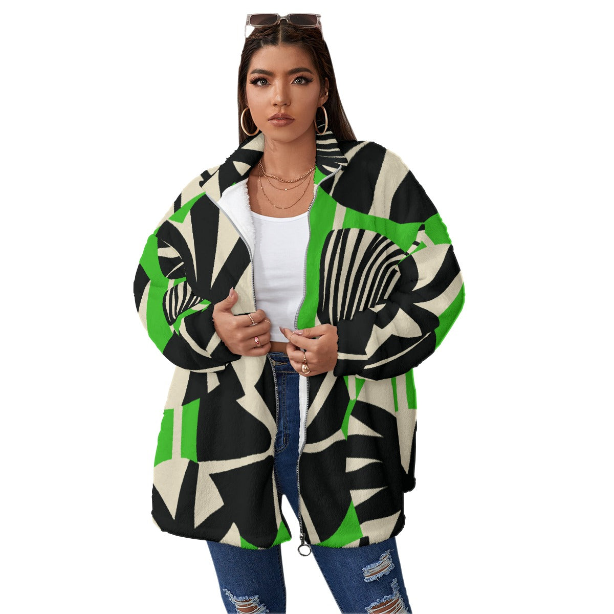 All-Over Print Unisex Borg Fleece Stand-up Collar Coat With Zipper Closure(Plus Size)