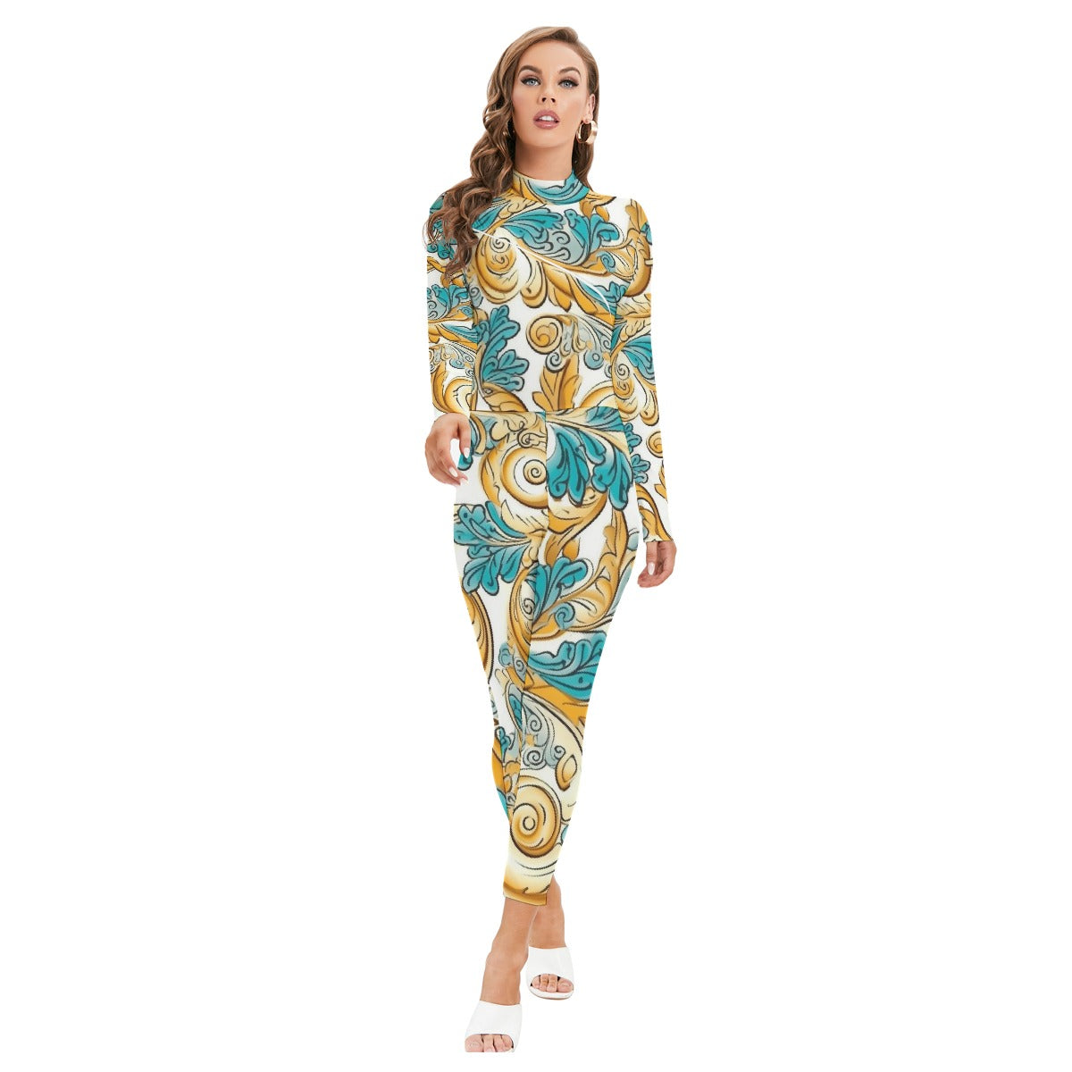 All-Over Print Women's Long-sleeved High-neck Jumpsuit With Zipper