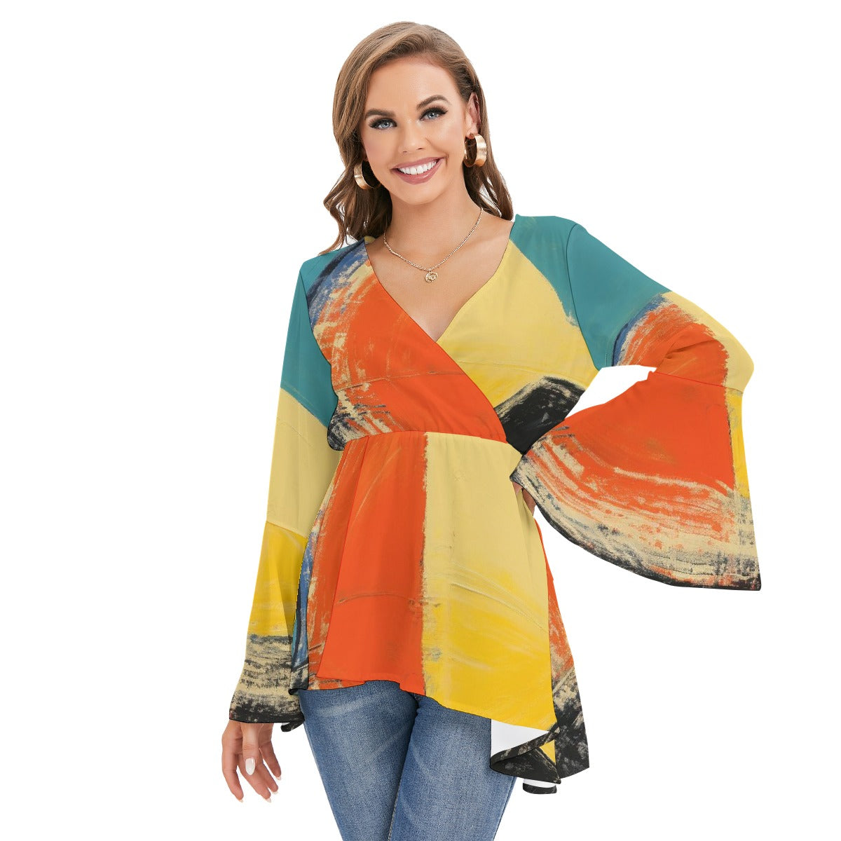 All-Over Print Women's V-neck Blouse With Flared Sleeves