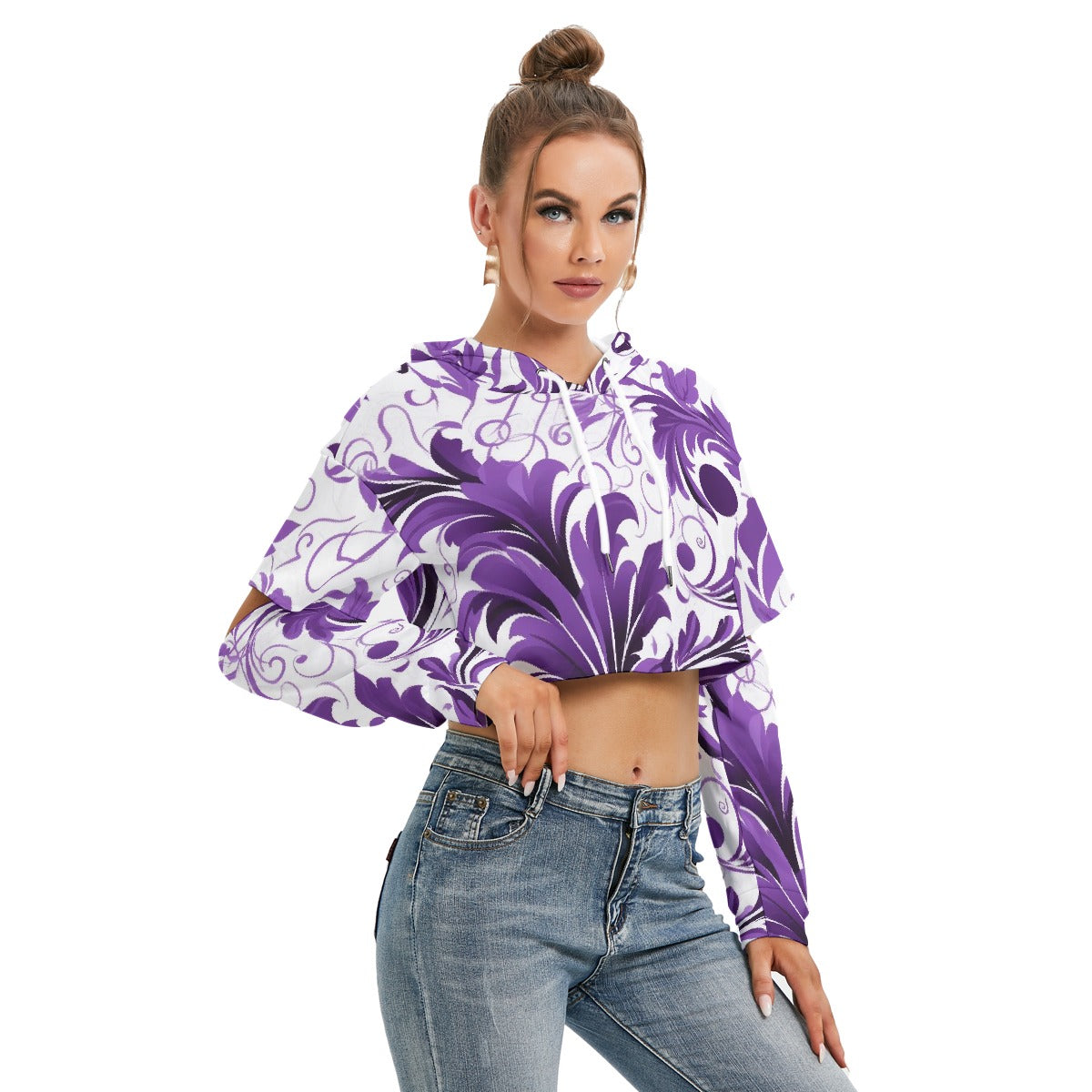 All-Over Print Women's Heavy Fleece Hoodie With Hollow Out Sleeve