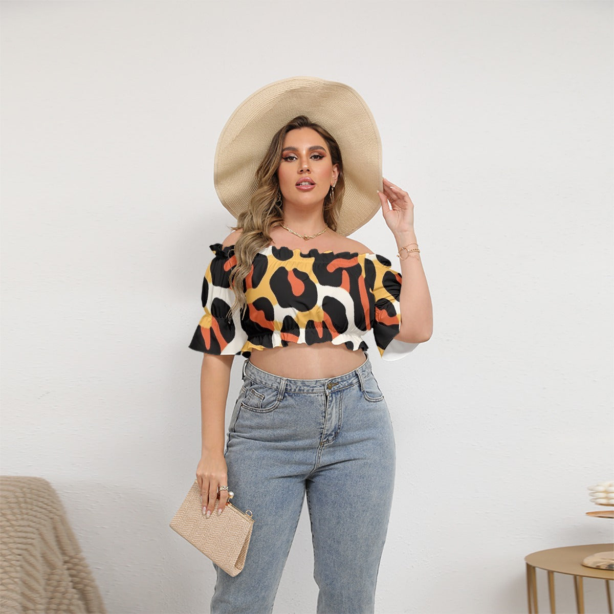All-Over Print Women's Off-shoulder Cropped Top With Short Puff Sleeve