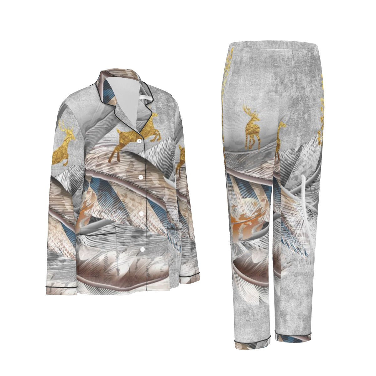 All-Over Print Women's Long Sleeve Pajama Set With Black Contrast Piping