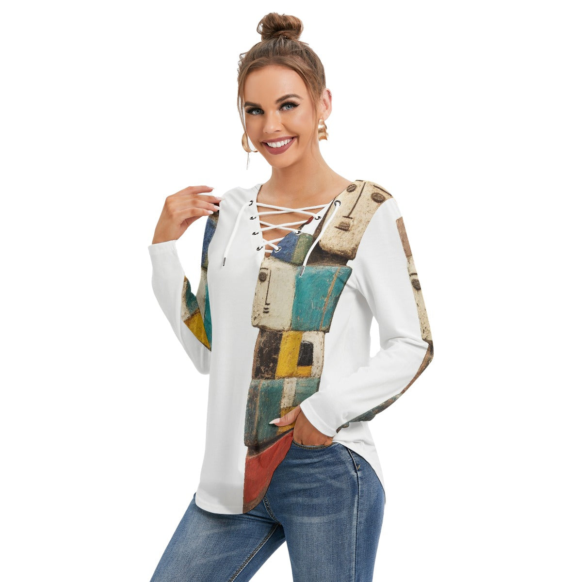 All-Over Print Women's Long Sleeve Neckline Tie Sweatshirt