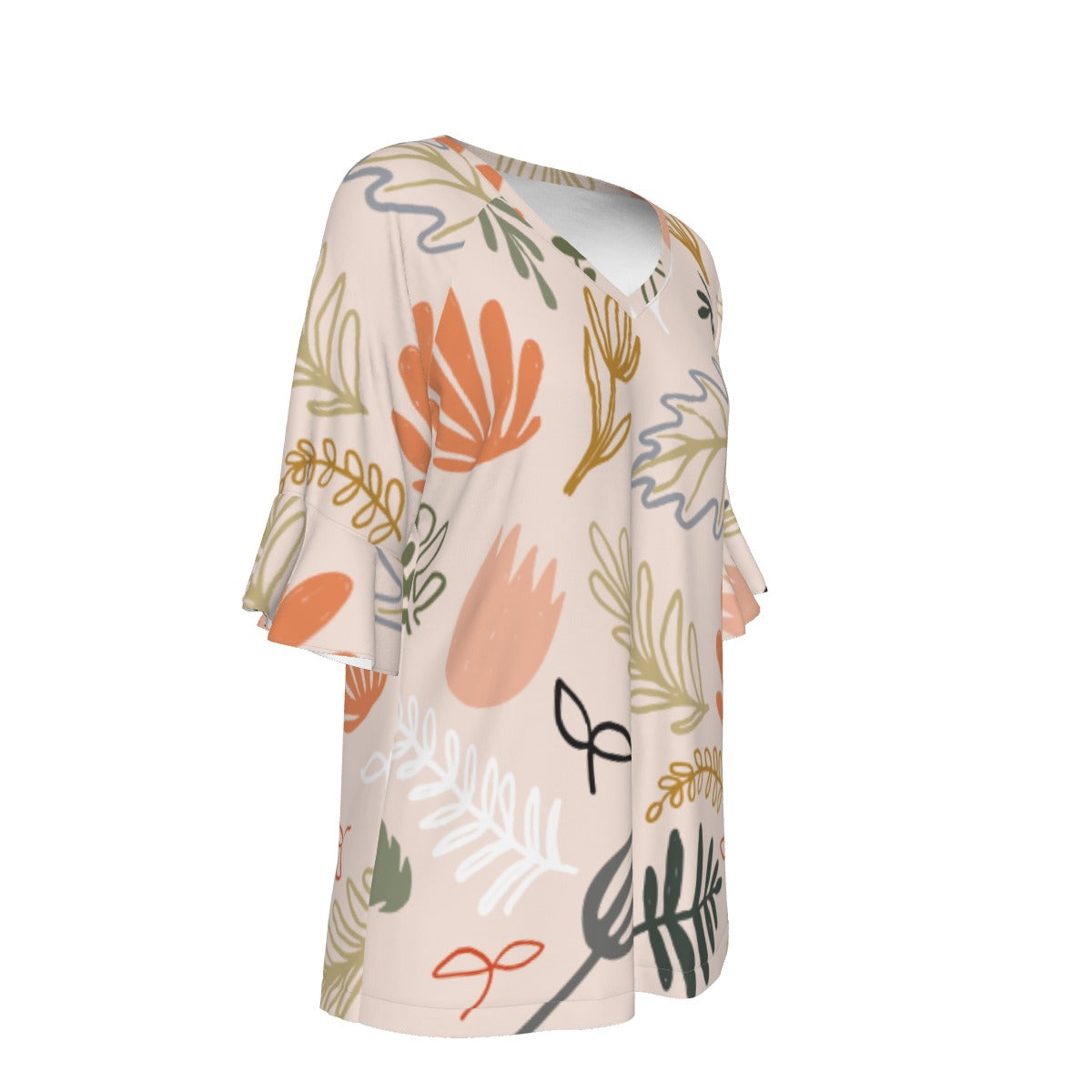 All-Over Print V-neck Women's T-shirt With Bell Sleeve