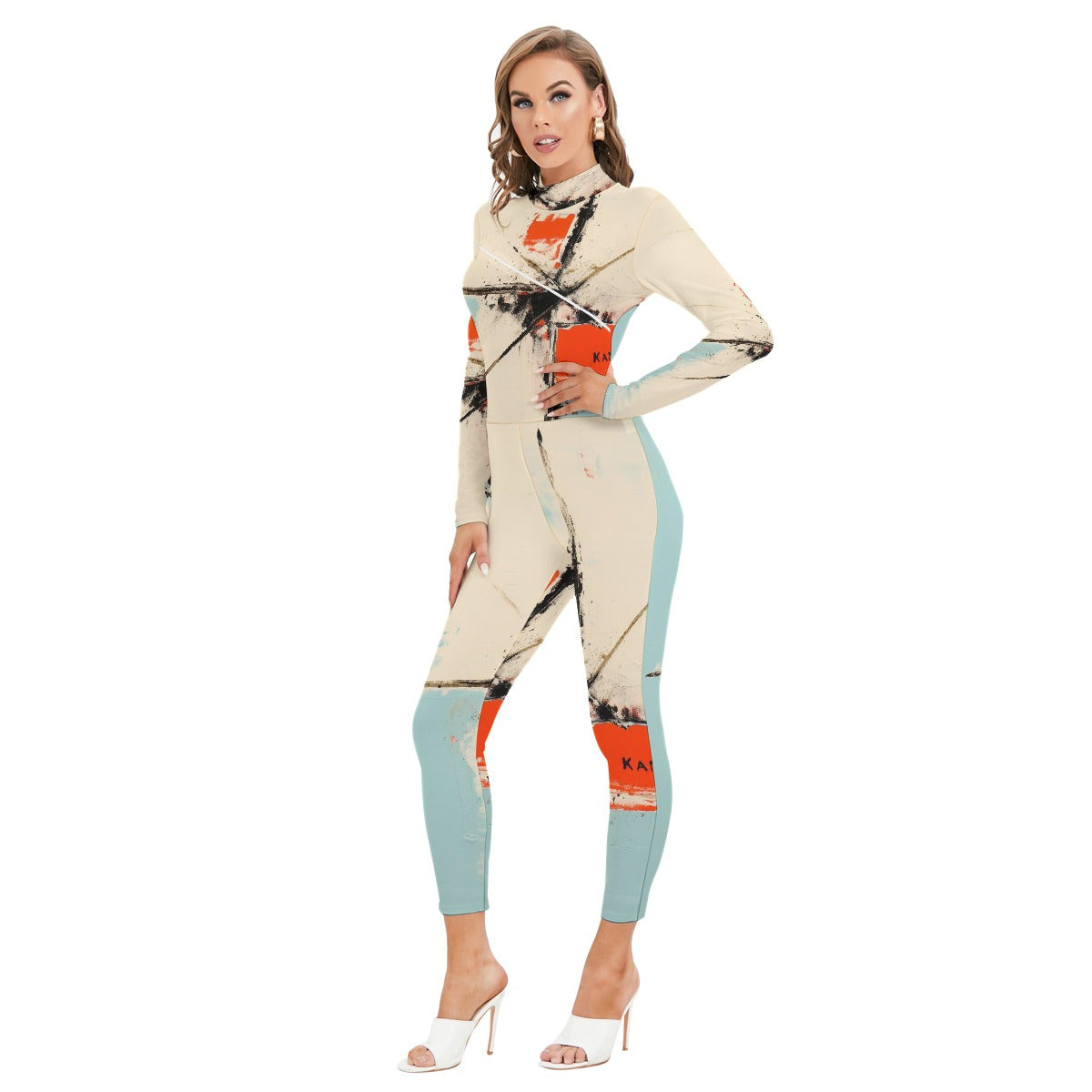 All-Over Print Women's Long-sleeved High-neck Jumpsuit With Zipper