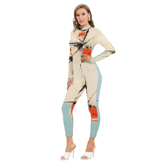 All-Over Print Women's Long-sleeved High-neck Jumpsuit With Zipper