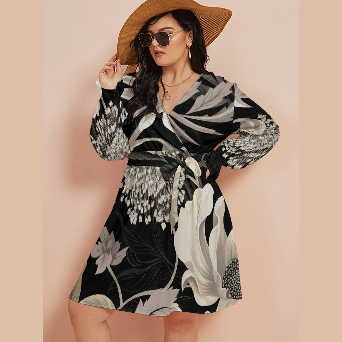 All-Over Print Women's V-neck Dress With Waistband(Plus Size)