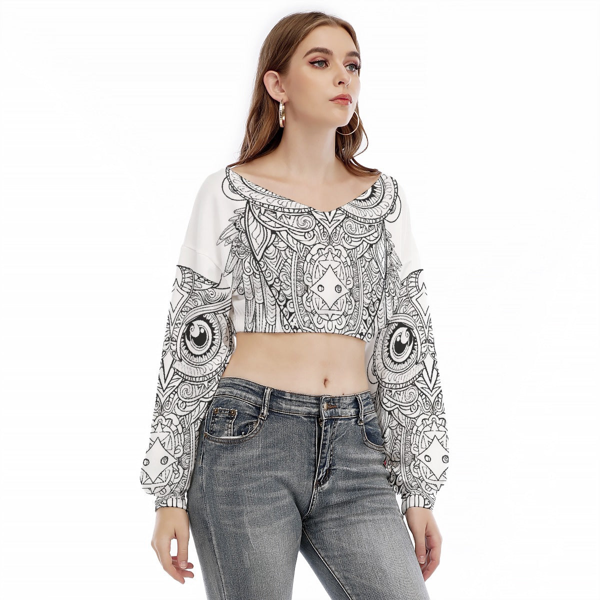 All-Over Print Women's V-neck Long Sleeve Cropped Sweatshirt