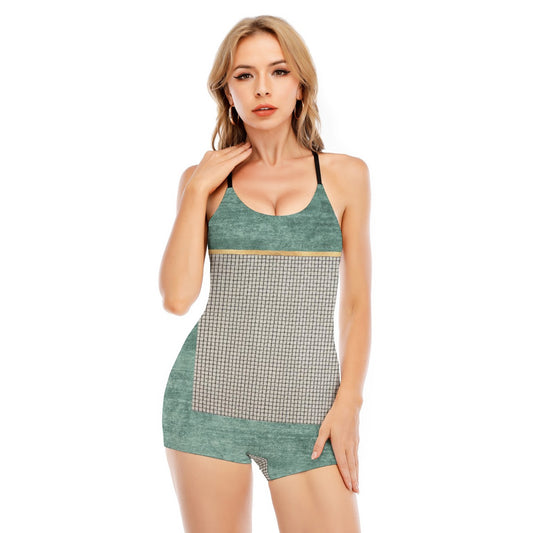 All-Over Print Women's Backless Romper With Black Straps