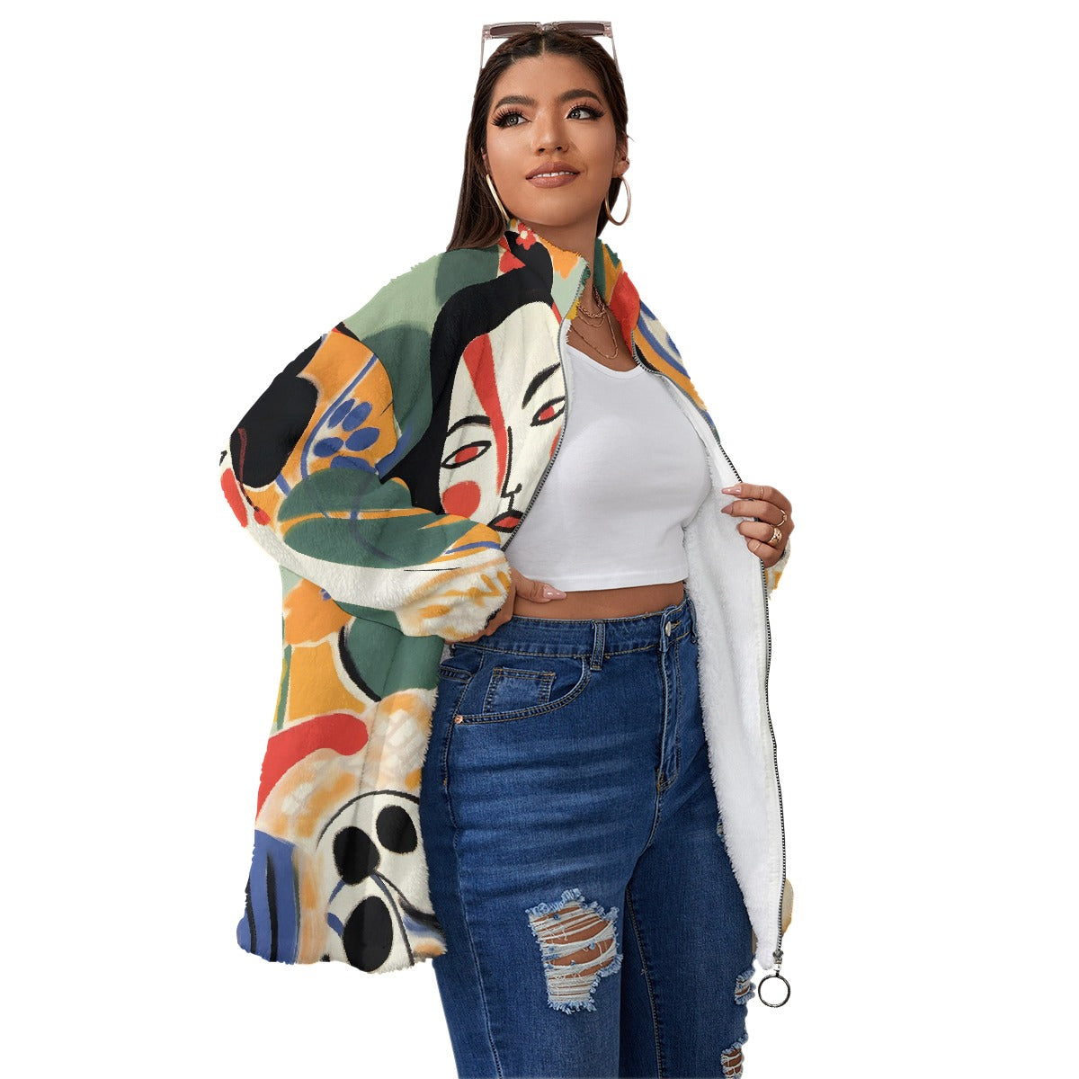 All-Over Print Unisex Borg Fleece Stand-up Collar Coat With Zipper Closure(Plus Size)