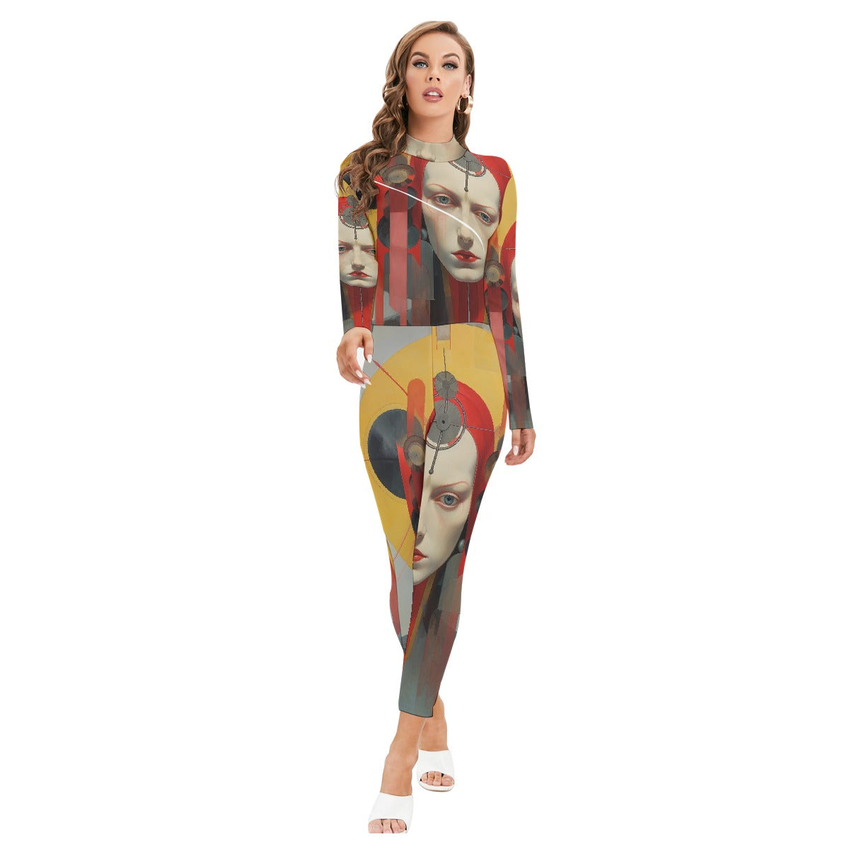All-Over Print Women's Long-sleeved High-neck Jumpsuit With Zipper