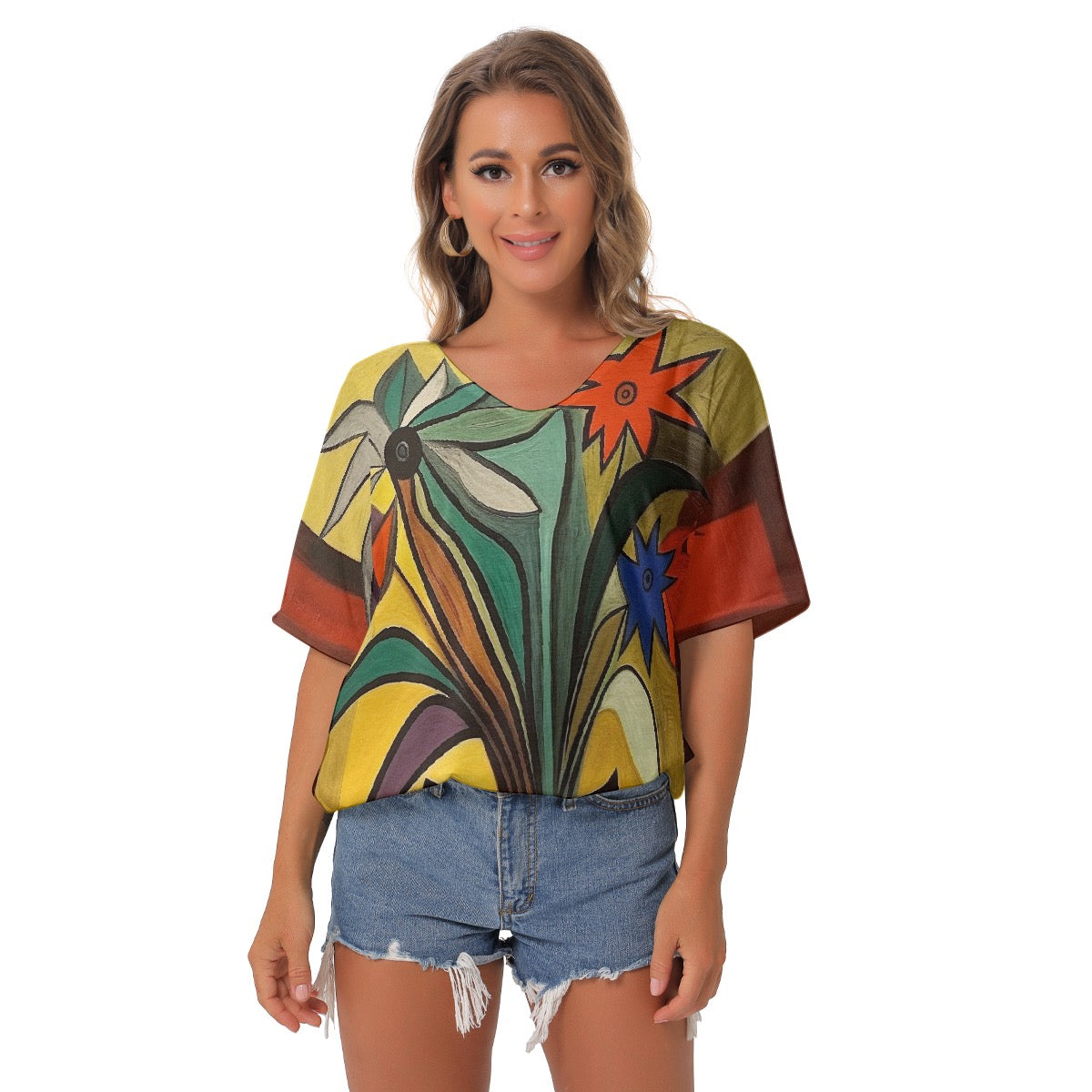 All-Over Print Women's Bat Sleeves V-Neck Blouse