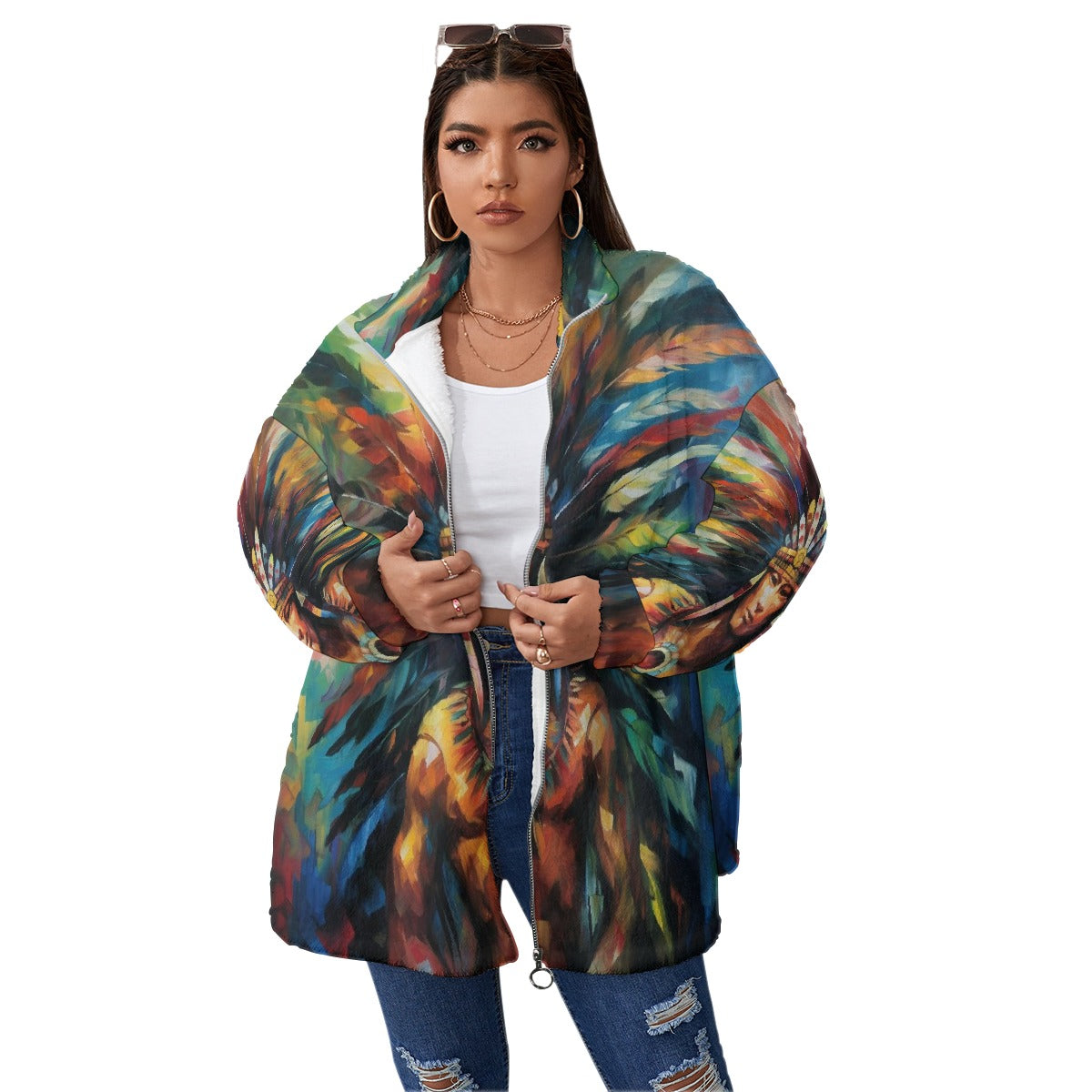 All-Over Print Unisex Borg Fleece Stand-up Collar Coat With Zipper Closure(Plus Size)