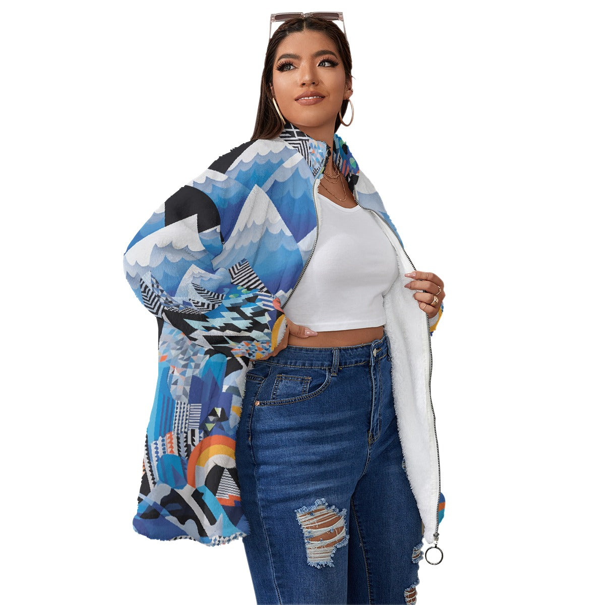 All-Over Print Unisex Borg Fleece Stand-up Collar Coat With Zipper Closure(Plus Size)