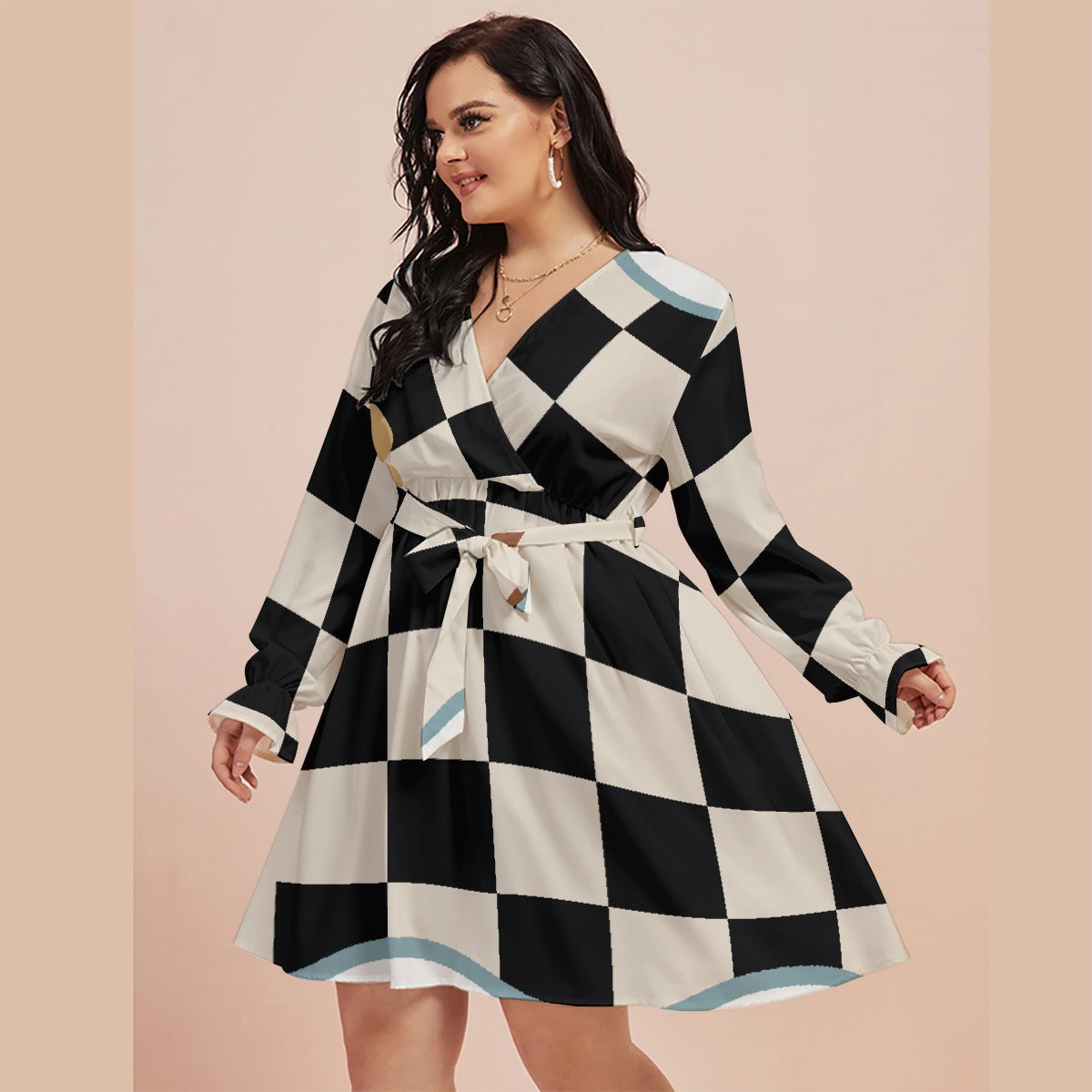 All-Over Print Women's V-neck Dress With Waistband(Plus Size)