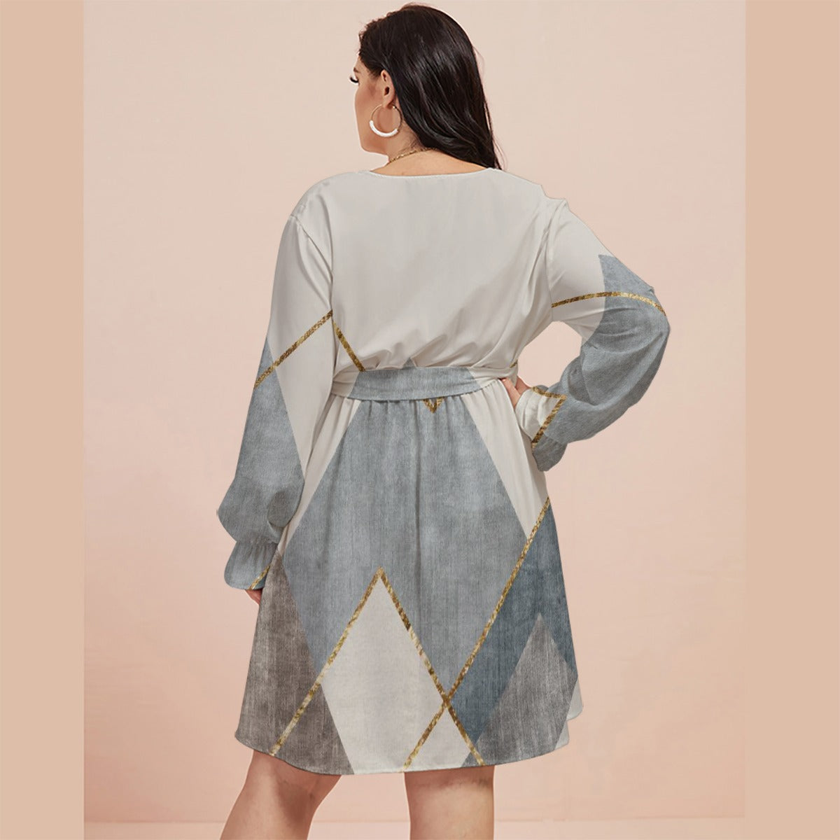 All-Over Print Women's V-neck Dress With Waistband(Plus Size)