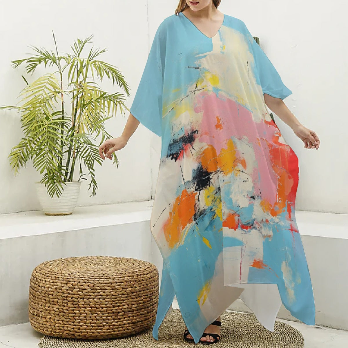 All-Over Print Women's Imitation Silk V-neck Kaftan Robe